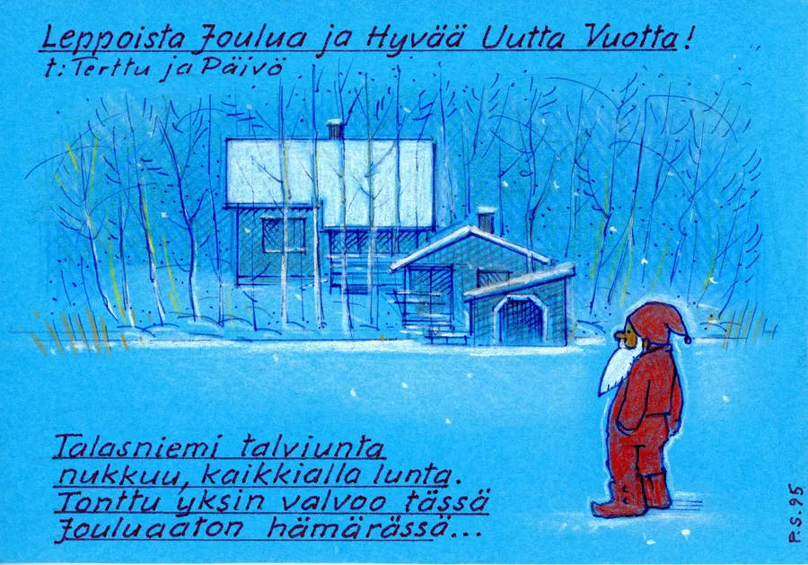 Joulukortti: Tonttu ja Talasniemi